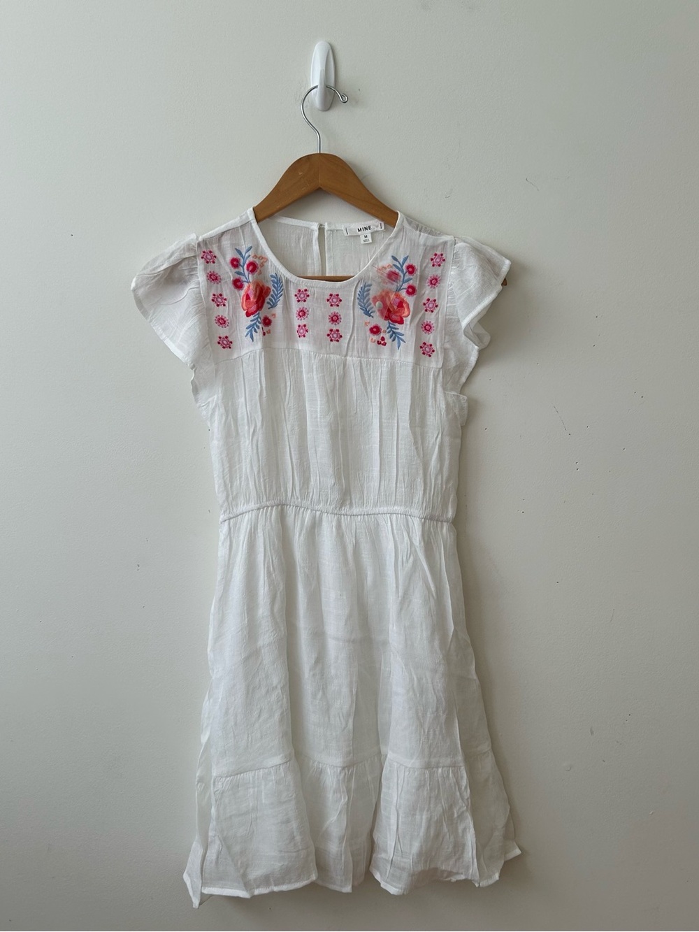 Mine White Mini Dress Pink Blue Embroidered Small New Cottagecore